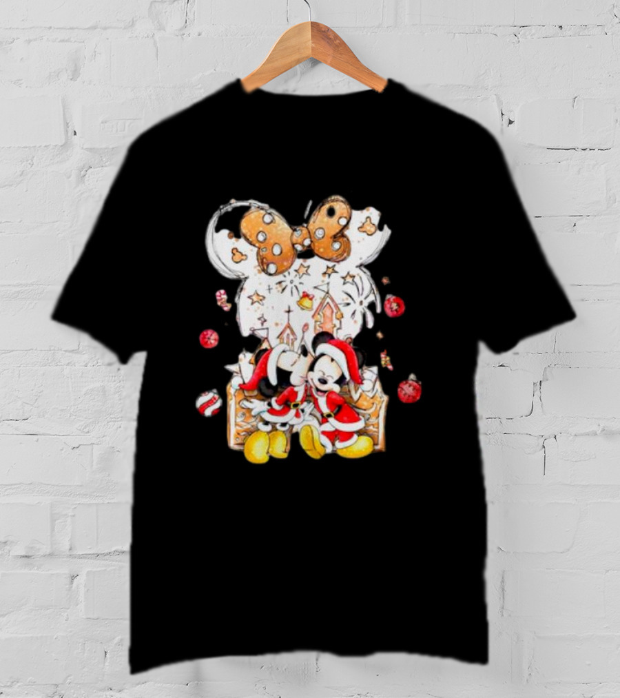 Mickey And Minnie Christmas Castle Gingerbread Mouse Ears Holiday Scene T-Shirt