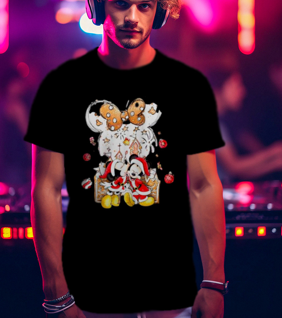 Mickey And Minnie Christmas Castle Gingerbread Mouse Ears Holiday Scene T-Shirt