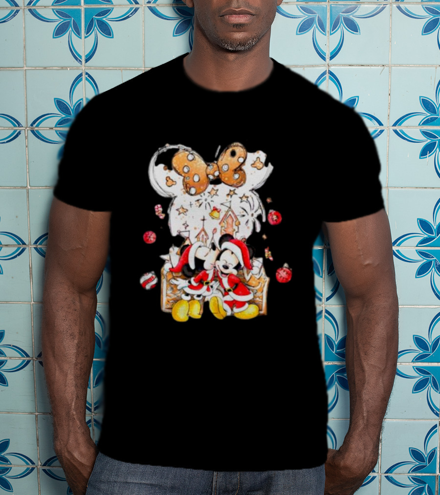 Mickey And Minnie Christmas Castle Gingerbread Mouse Ears Holiday Scene T-Shirt