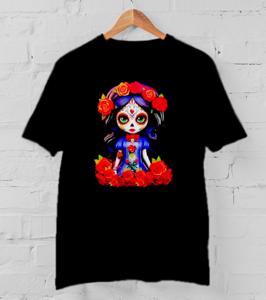 Women LA Catrina Day Of The Dead Floral Rose Adorned T-Shirt