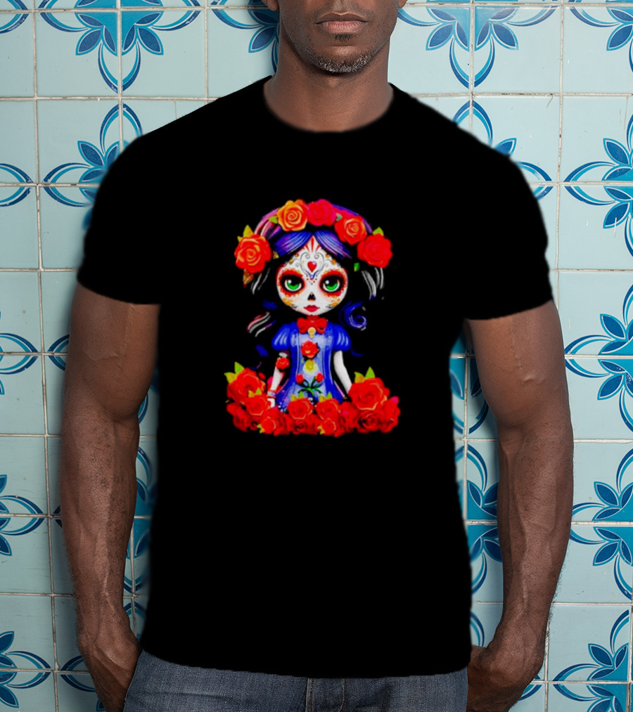 Women LA Catrina Day Of The Dead Floral Rose Adorned T-Shirt