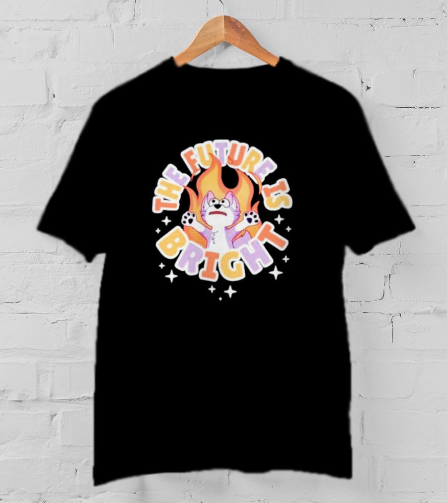 The Future Is Bright Flaming Cartoon Cat With Stars And Flames T-Shirt