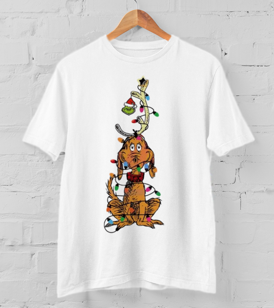 Funny Grinch Christmas Lights With Dog Wrapped In Colorful String Of Lights T-Shirt