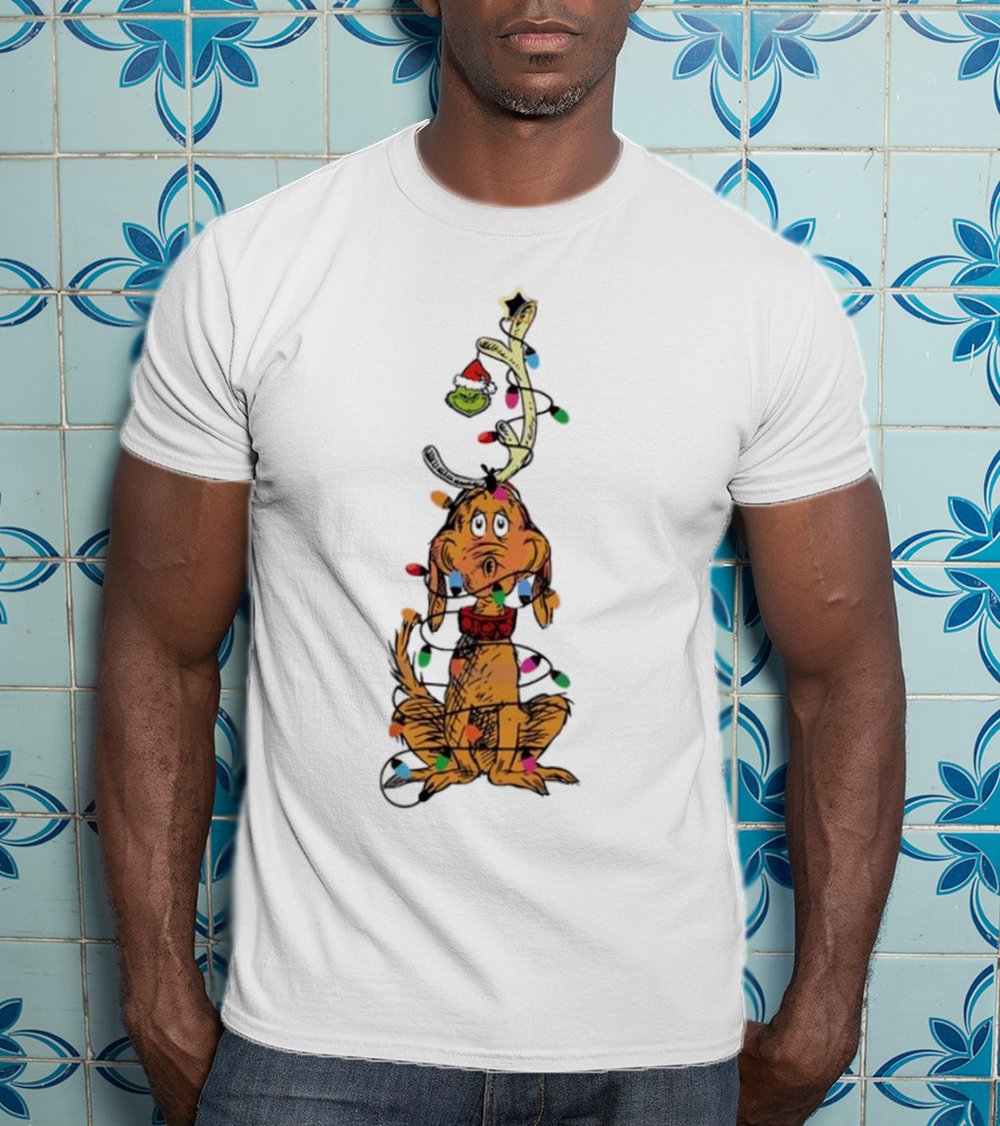 Funny Grinch Christmas Lights With Dog Wrapped In Colorful String Of Lights T-Shirt