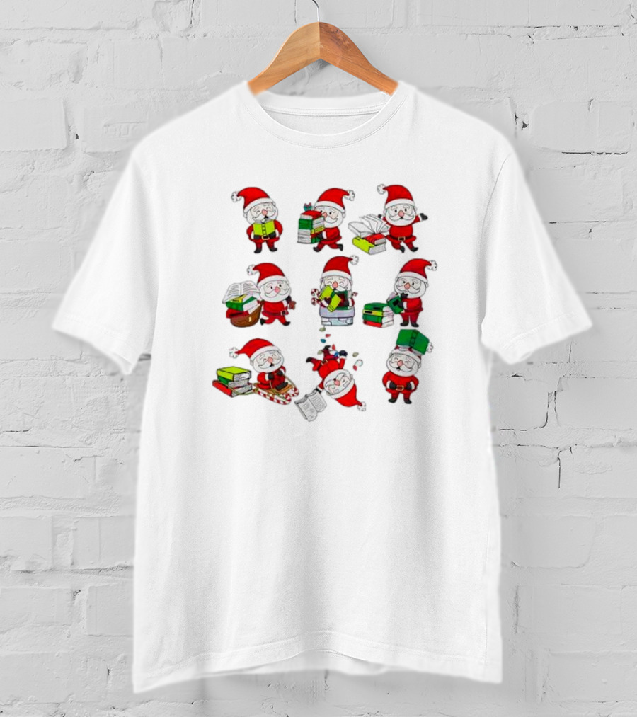 Funny Santa Claus Reading Books And Carrying Stacks In Various Poses T-Shirt
