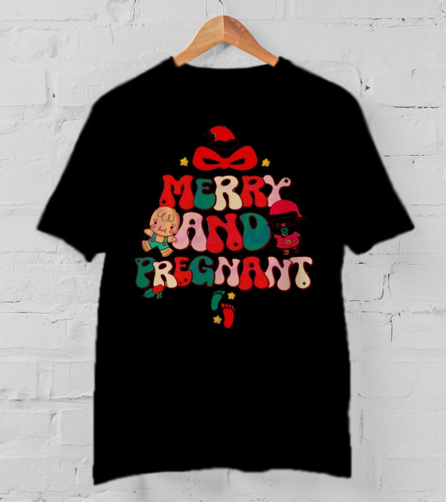 Merry And Pregnant Christmas Tree Baby Reveal With Santa Hat And Gingerbread People T-Shirt