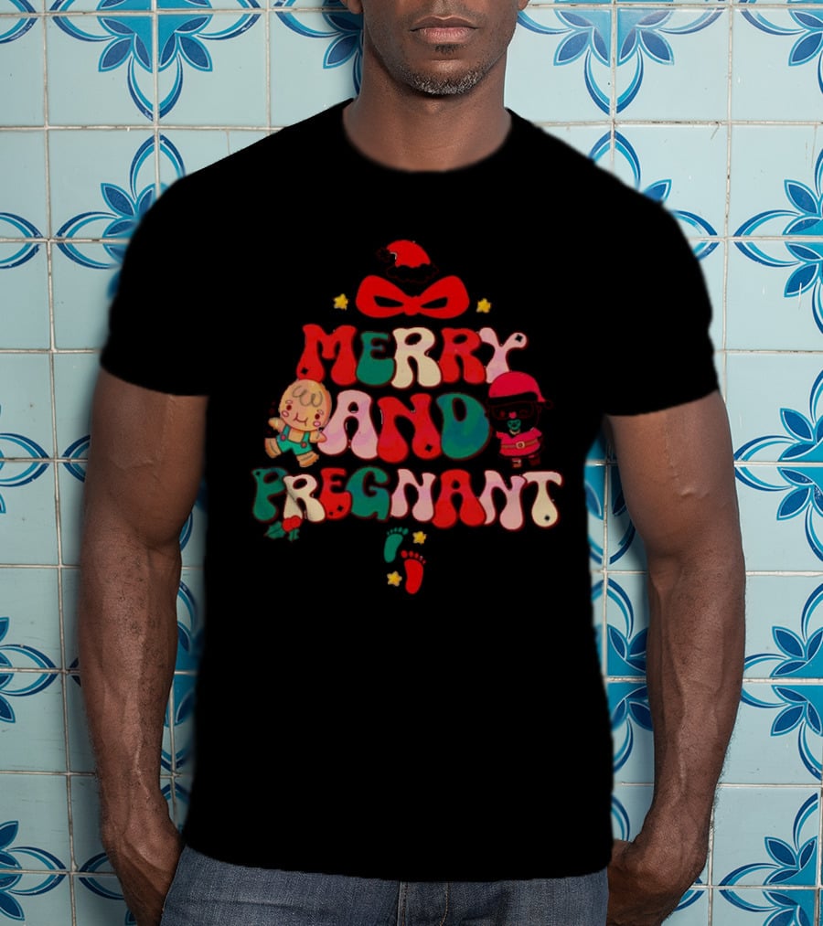 Merry And Pregnant Christmas Tree Baby Reveal With Santa Hat And Gingerbread People T-Shirt
