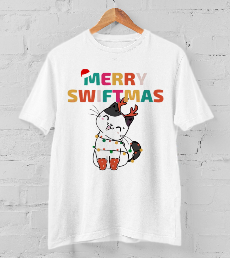 Merry Swiftmas Christmas Cat With Reindeer Antlers And Festive Lights T-Shirt