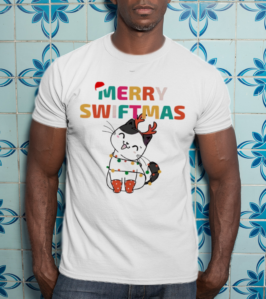 Merry Swiftmas Christmas Cat With Reindeer Antlers And Festive Lights T-Shirt