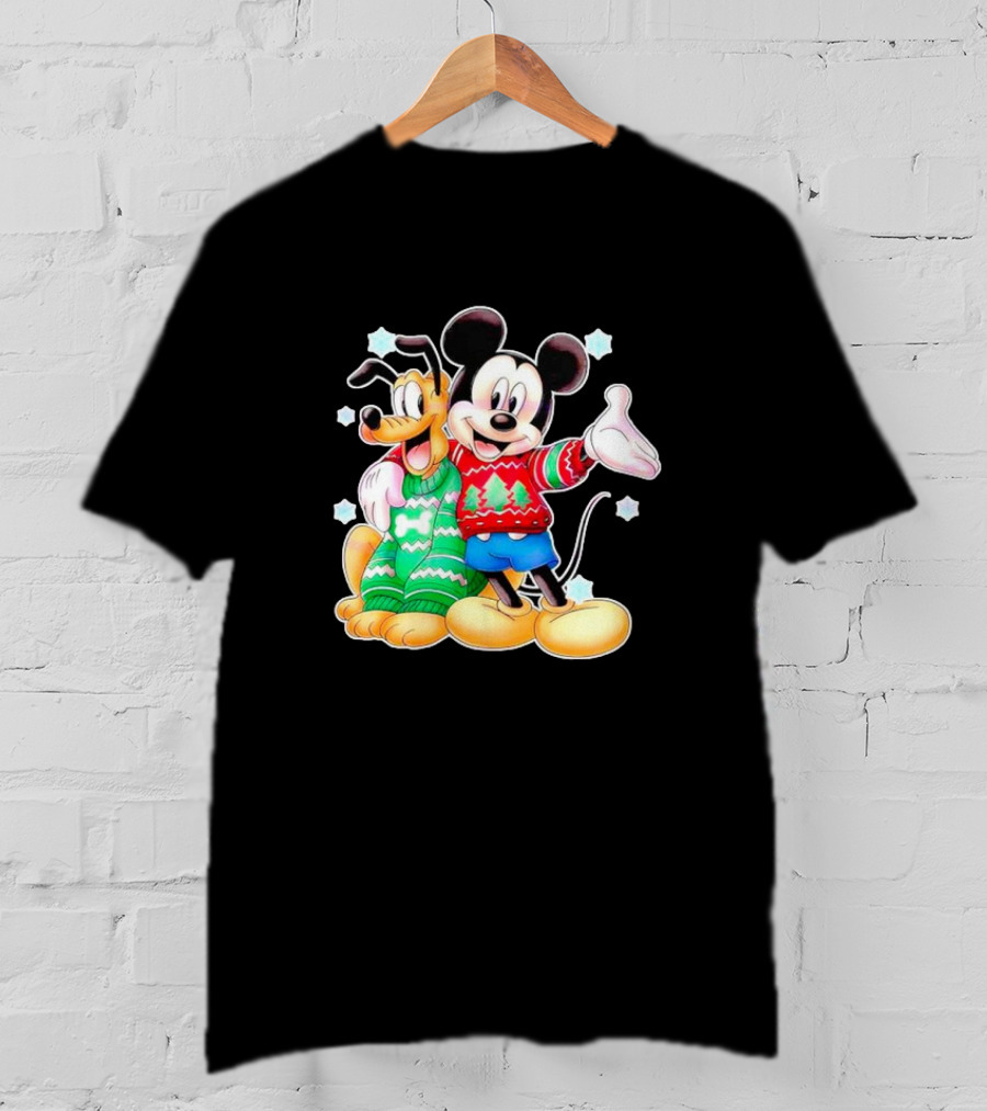 Mickey And Pluto Christmas Sweater Holiday Scene T-Shirt