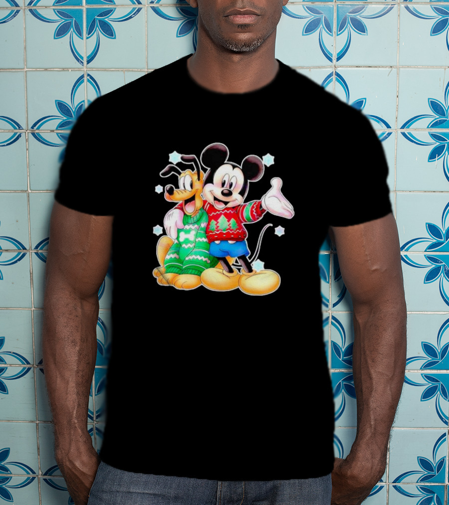 Mickey And Pluto Christmas Sweater Holiday Scene T-Shirt