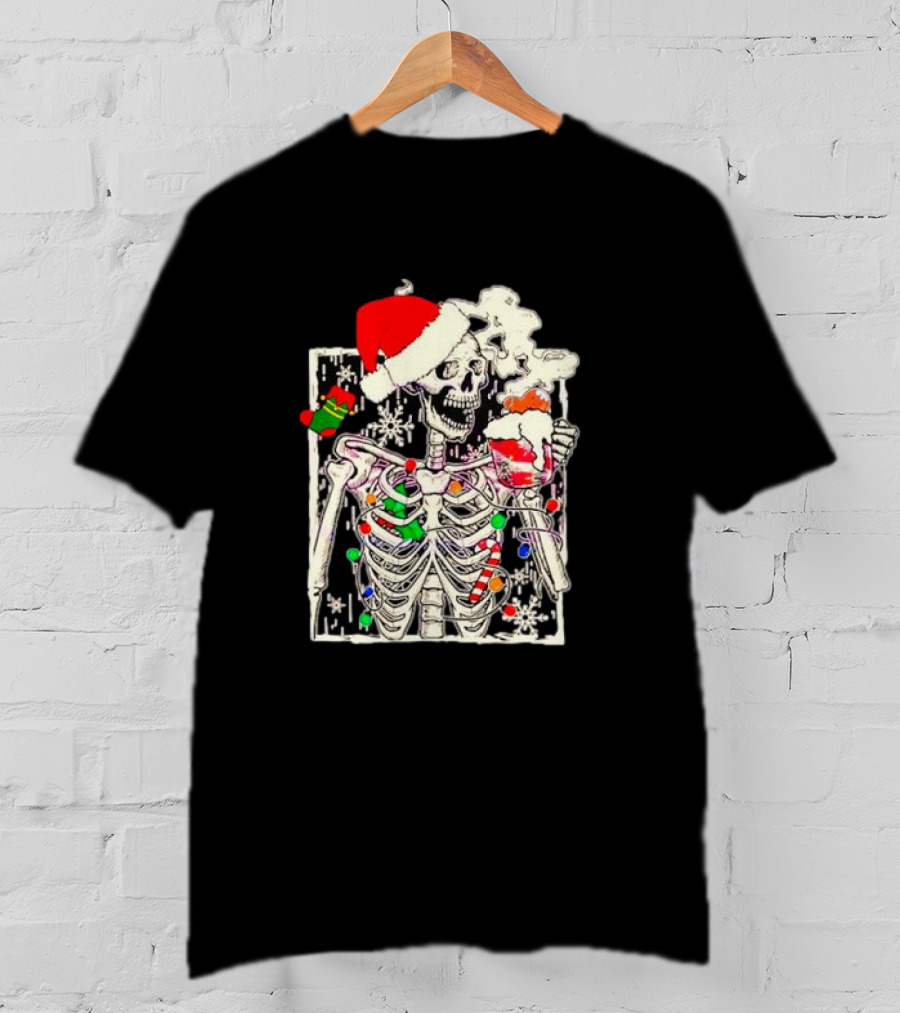 Skeleton Santa Hat Snowflake Christmas Coffee Candy Cane Holiday Scene T-Shirt