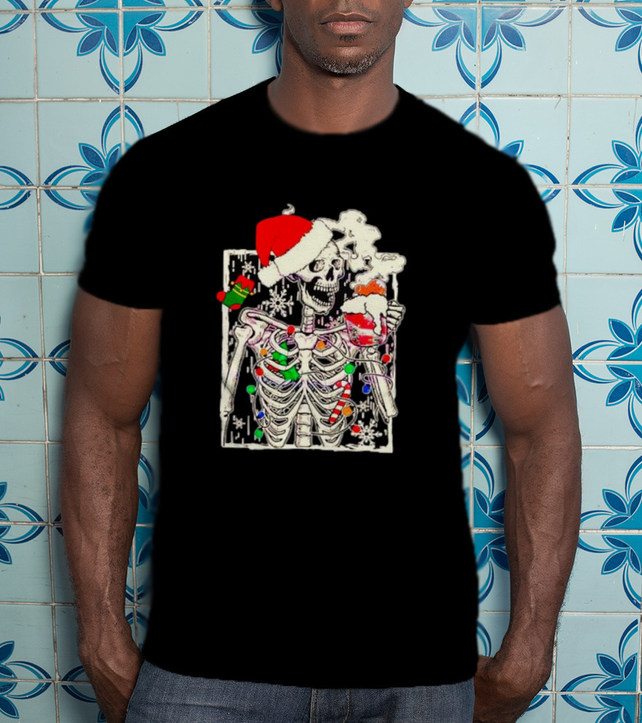 Skeleton Santa Hat Snowflake Christmas Coffee Candy Cane Holiday Scene T-Shirt