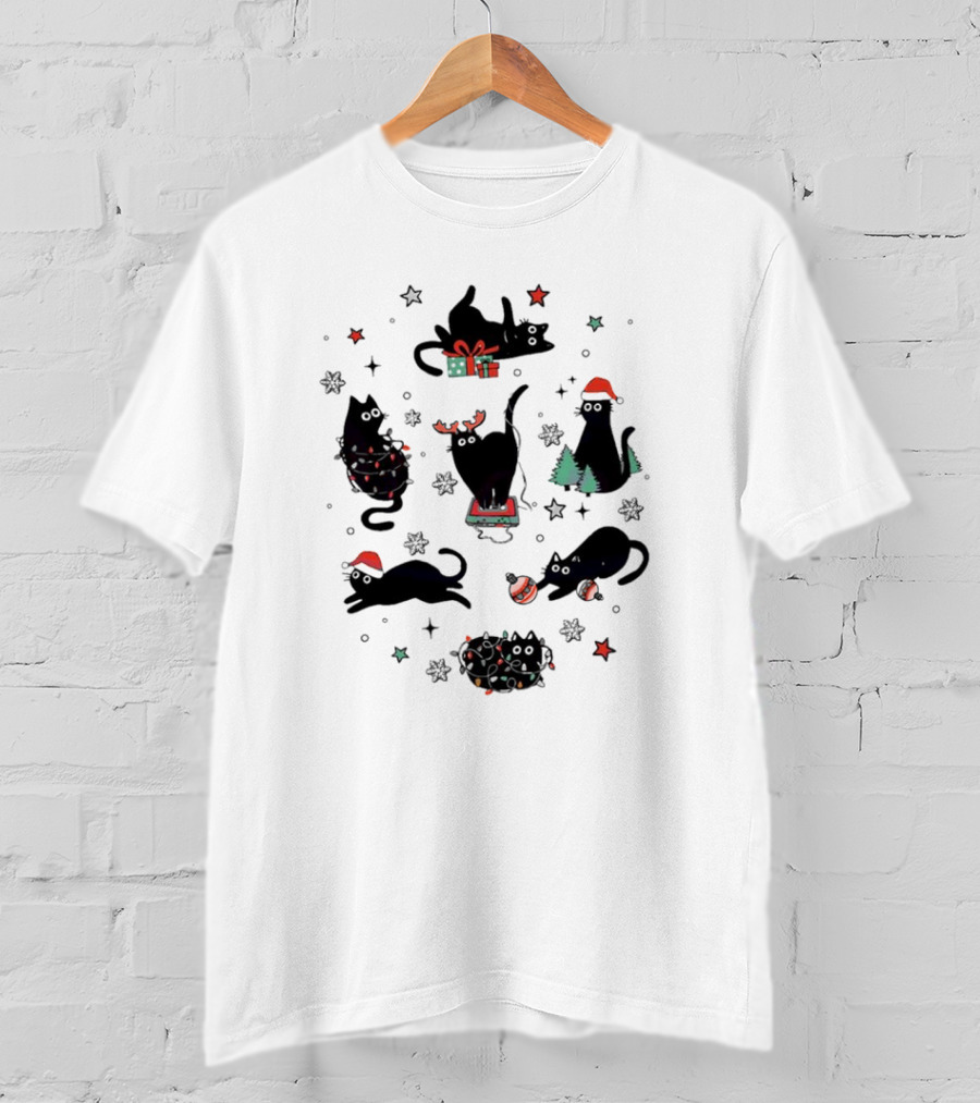 Christmas Black Cat Santa Hat Presents Lights Trees T-Shirt