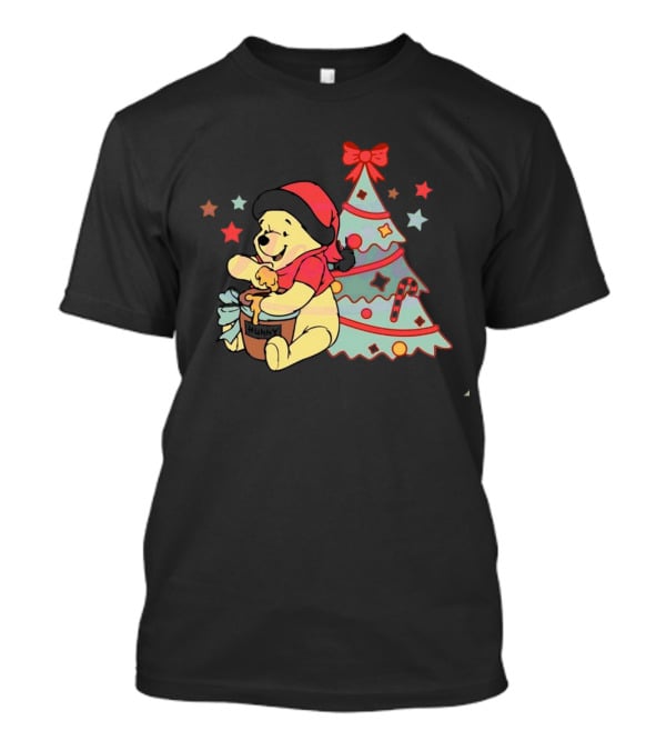 Winni The Pooh Bear Christmas Hunny Jar And Festive Tree T-Shirt