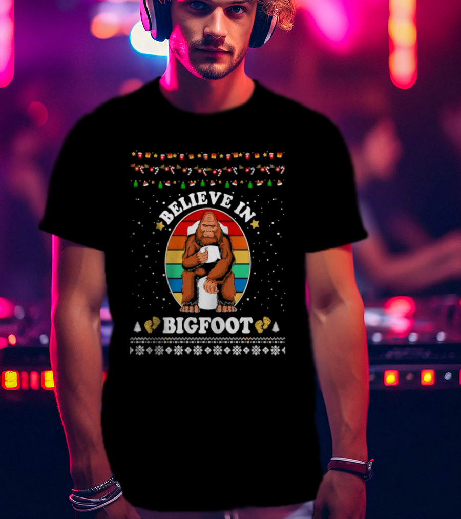 Believe In Bigfoot With Toilet Humor And Christmas Icons T-Shirt