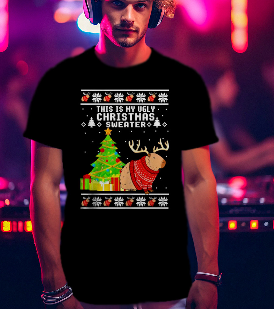 This Is My Ugly Christmas Sweater Capybara Reindeer T-Shirt