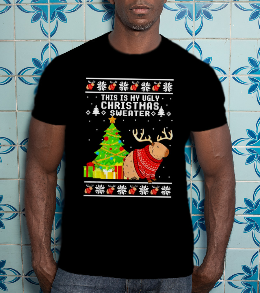 This Is My Ugly Christmas Sweater Capybara Reindeer T-Shirt