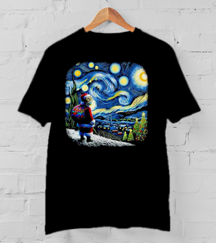 Cat Santa Paws Van Gogh Starry Night Christmas Holiday Scene T-Shirt