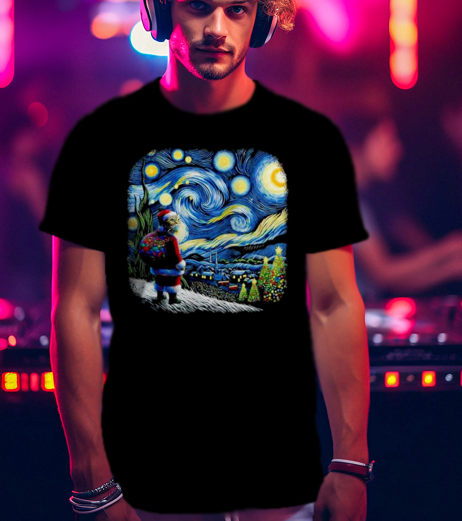 Cat Santa Paws Van Gogh Starry Night Christmas Holiday Scene T-Shirt