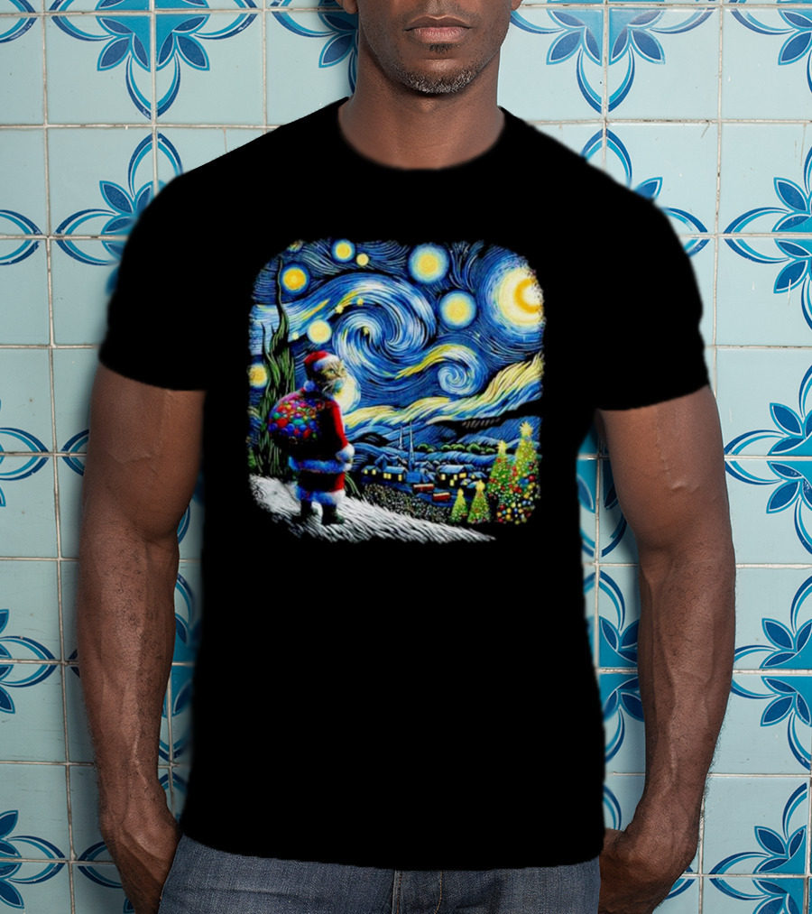 Cat Santa Paws Van Gogh Starry Night Christmas Holiday Scene T-Shirt