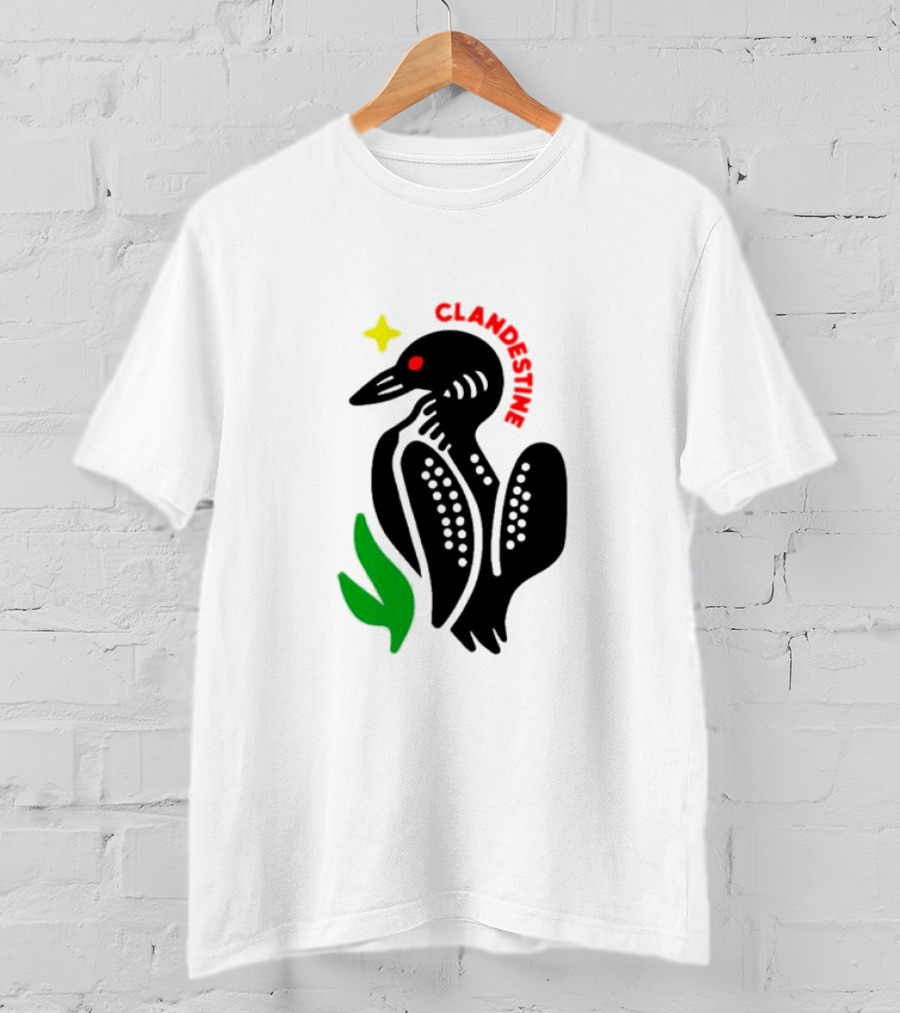 Clandestine Loon Bird With Star And Green Leaf Elements T-Shirt