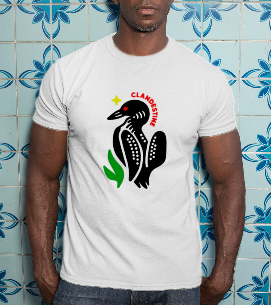 Clandestine Loon Bird With Star And Green Leaf Elements T-Shirt