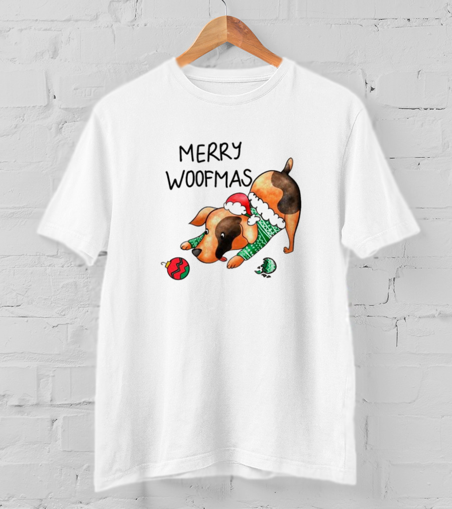 Merry Woofmas Dog In Santa Hat And Sweater With Christmas T-Shirt
