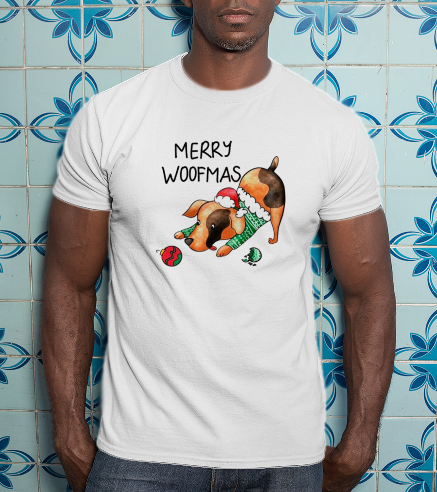 Merry Woofmas Dog In Santa Hat And Sweater With Christmas T-Shirt