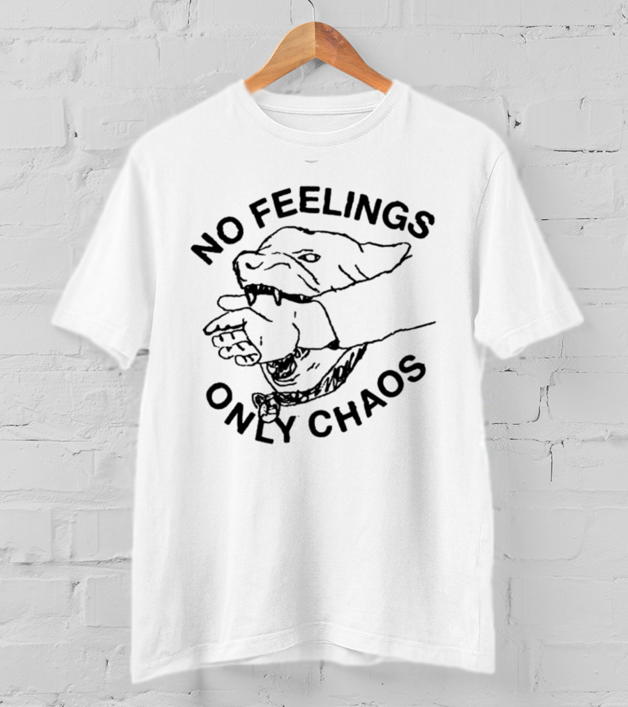 No Feelings Only Chaos Hand-Biting Shark Drawing T-Shirt