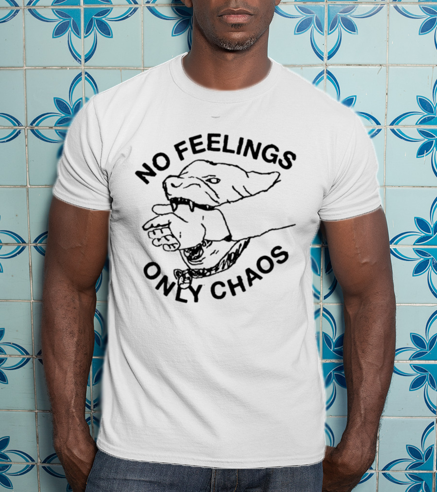 No Feelings Only Chaos Hand-Biting Shark Drawing T-Shirt