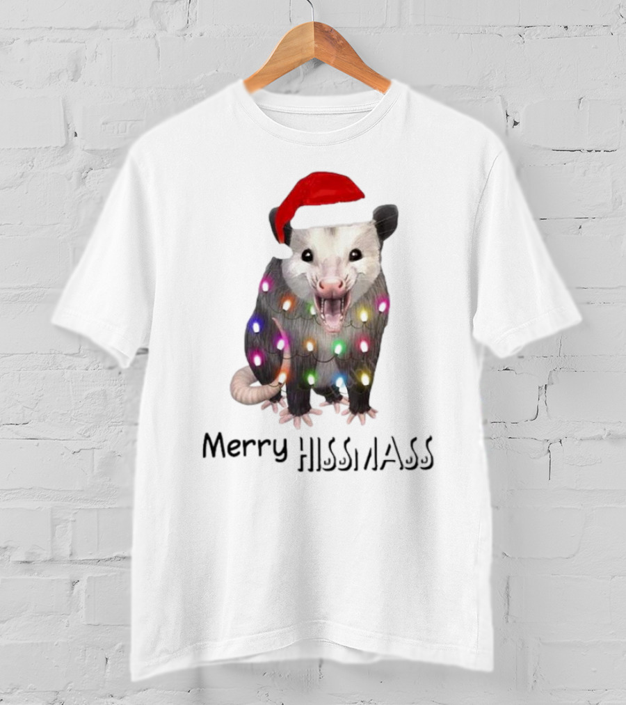 Merry Hissmas Opossum Santa Hat Christmas Lights T-Shirt