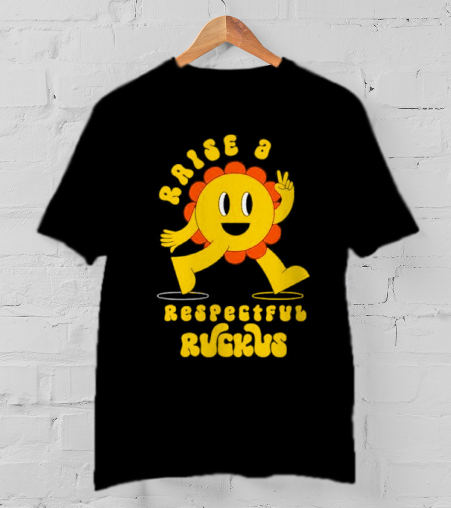Raise A Respectful Ruckus Character Walking With Peace Sign Yellow And Orange T-Shirt