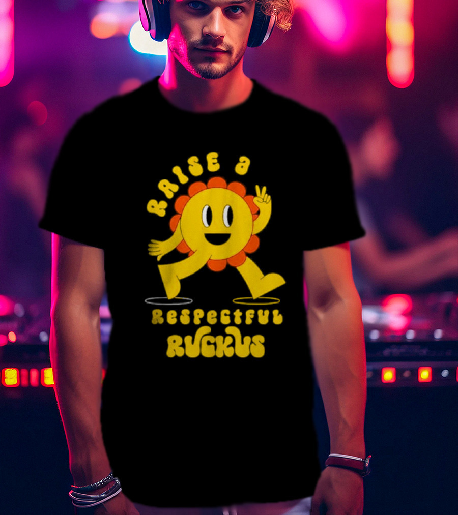 Raise A Respectful Ruckus Character Walking With Peace Sign Yellow And Orange T-Shirt