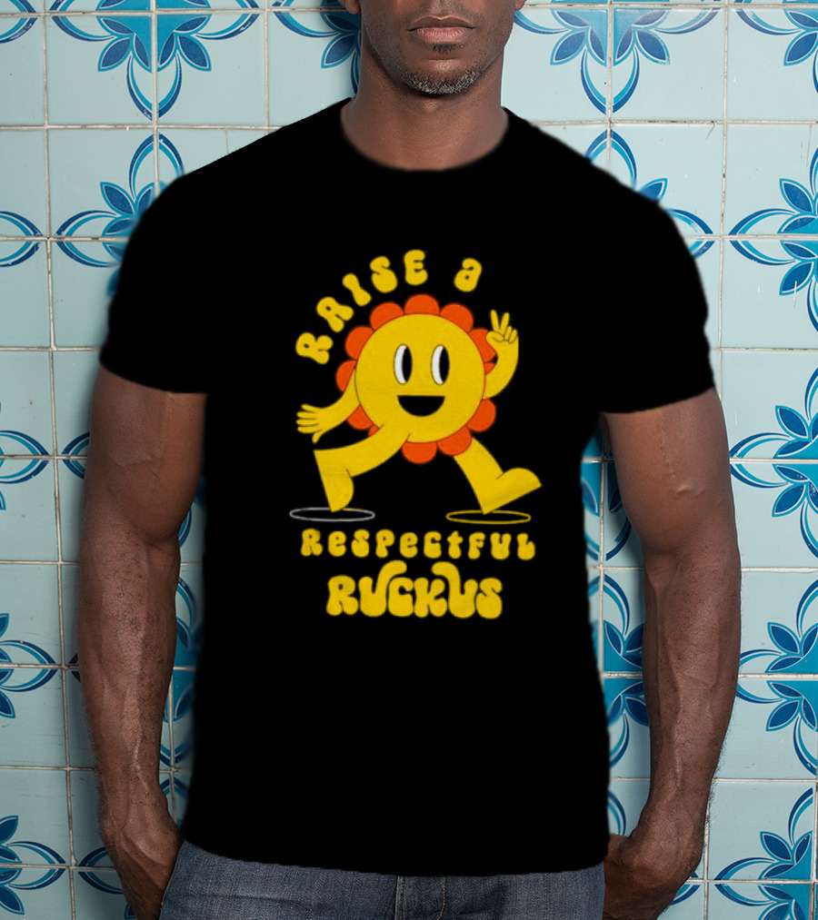 Raise A Respectful Ruckus Character Walking With Peace Sign Yellow And Orange T-Shirt