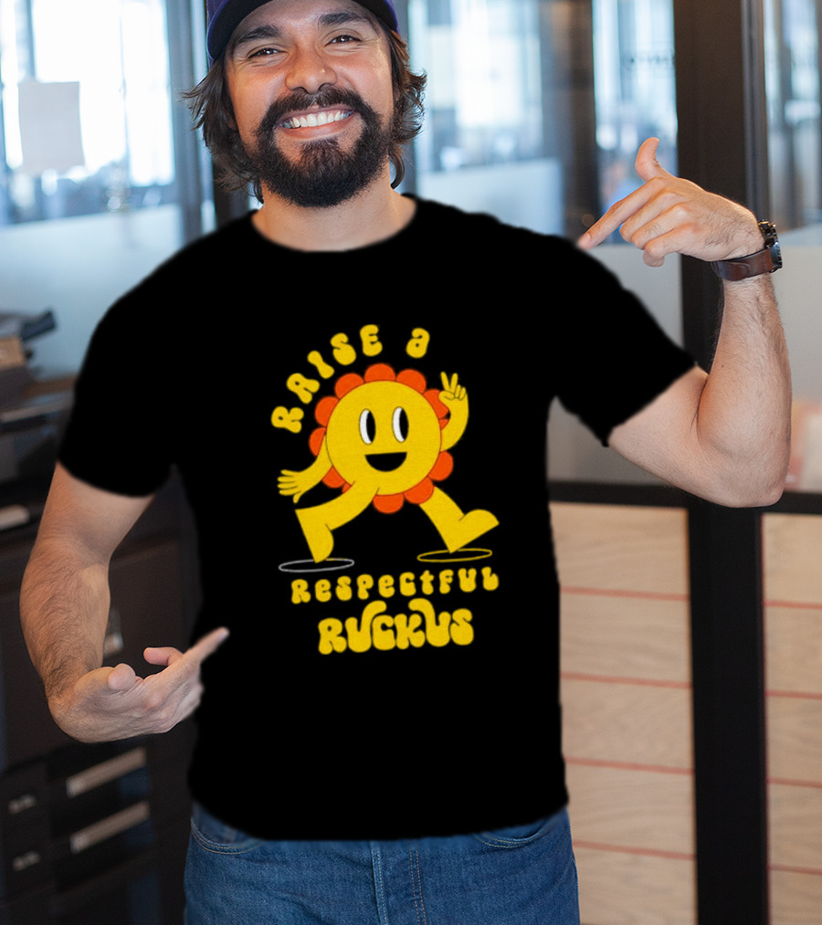 Raise A Respectful Ruckus Character Walking With Peace Sign Yellow And Orange T-Shirt