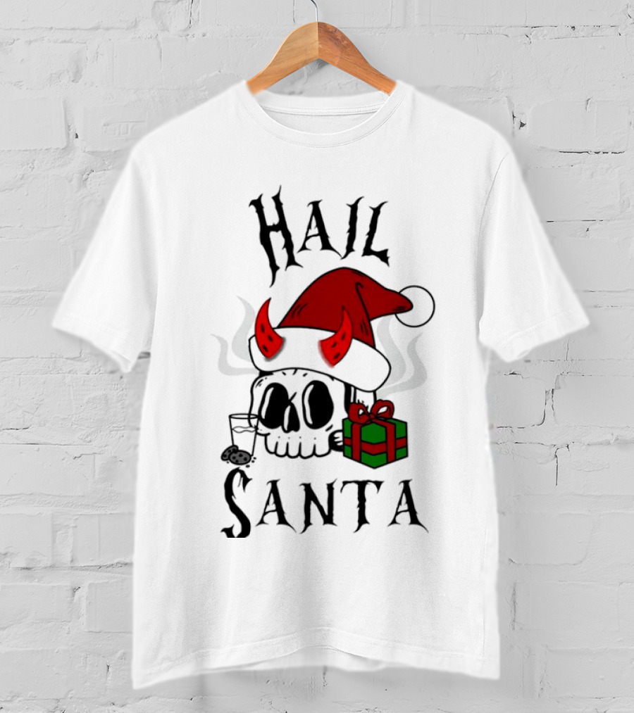 Hail Santa Skull With Devilish Santa Hat And Christmas Present T-Shirt