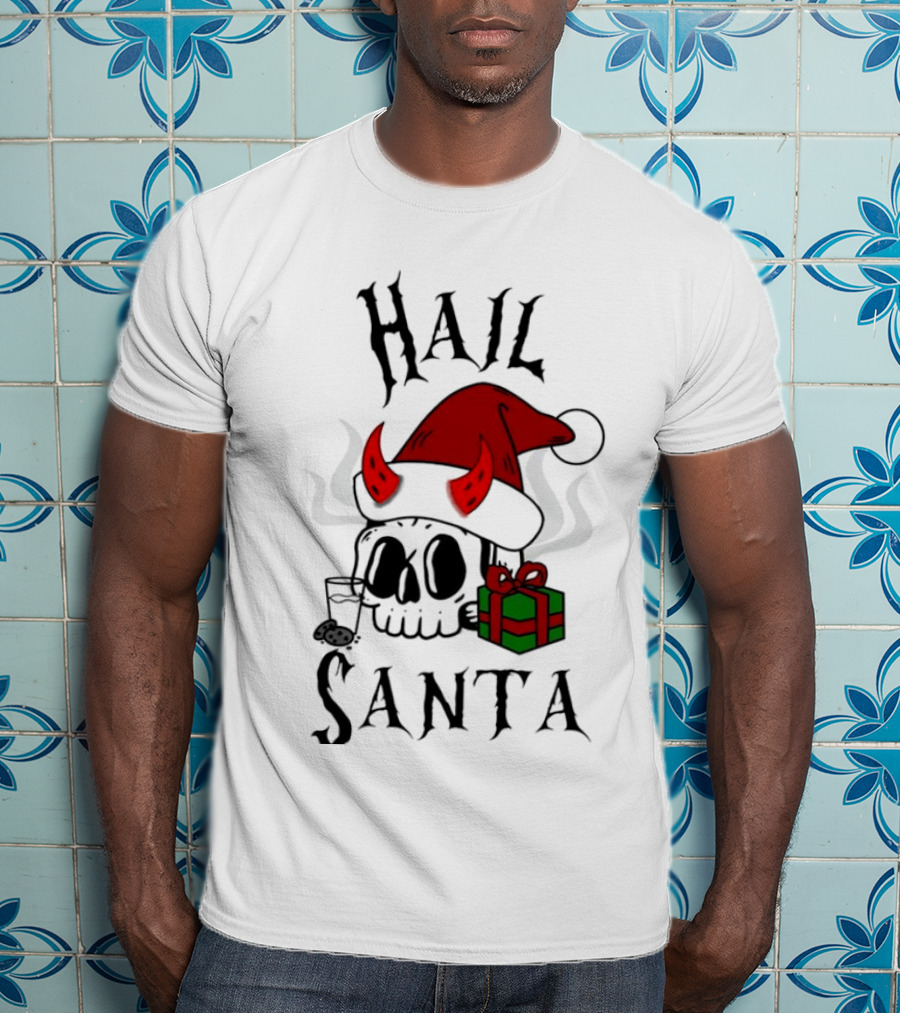 Hail Santa Skull With Devilish Santa Hat And Christmas Present T-Shirt