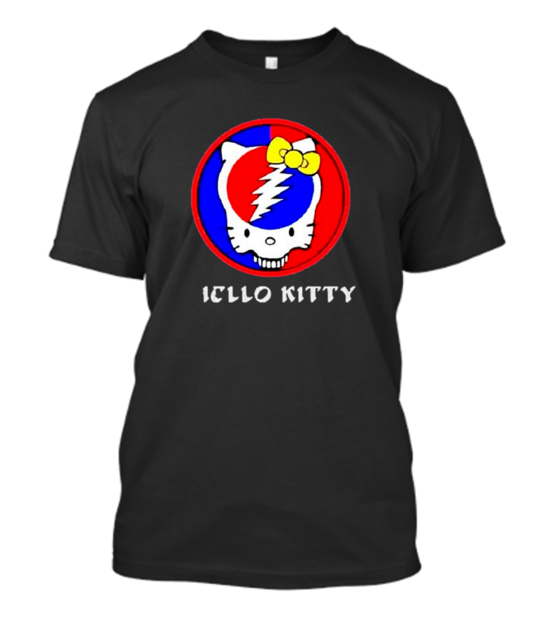 Hello Kitty Grateful Dead Skull Icon With Lightning Bolt And Yellow Bow T-Shirt
