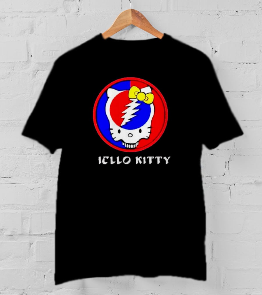 Hello Kitty Grateful Dead Skull Icon With Lightning Bolt And Yellow Bow T-Shirt