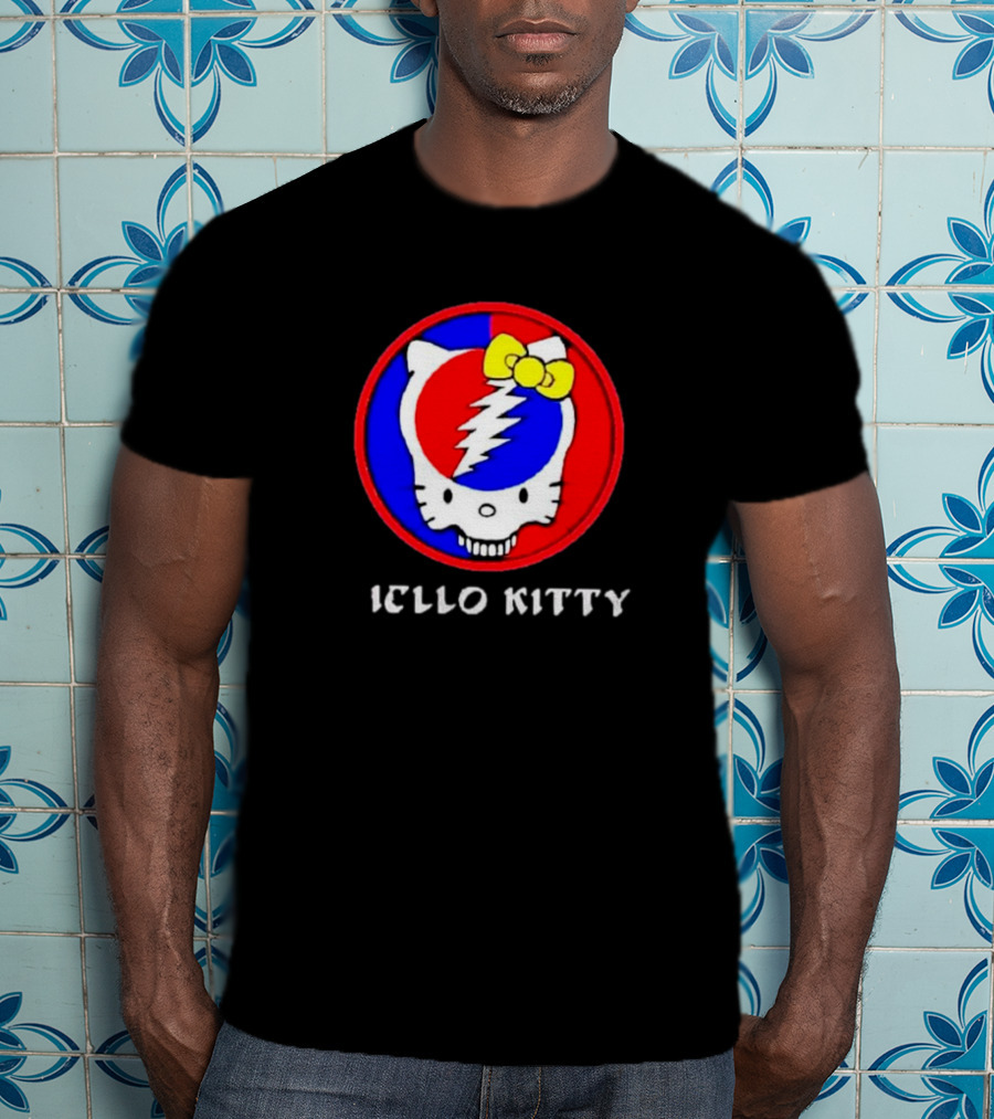 Hello Kitty Grateful Dead Skull Icon With Lightning Bolt And Yellow Bow T-Shirt