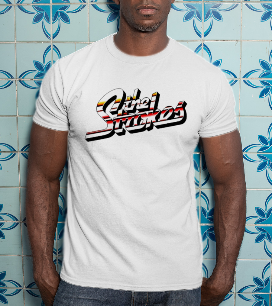 The Strokes Striped Text With Red And Yellow Accents T-Shirt