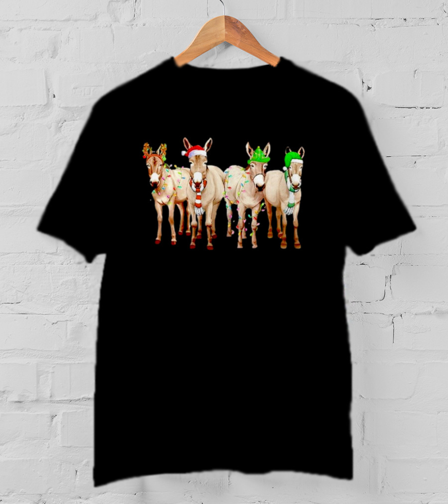 Merry Christmas Donkey Festive Holiday Lights With Reindeer Antlers And Santa Hats T-Shirt