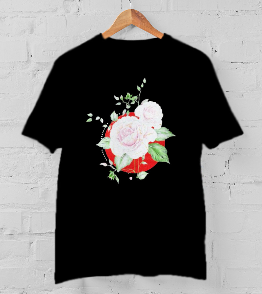5Yr Kintsugi Rose Floral Design On Red Circle Background T-Shirt
