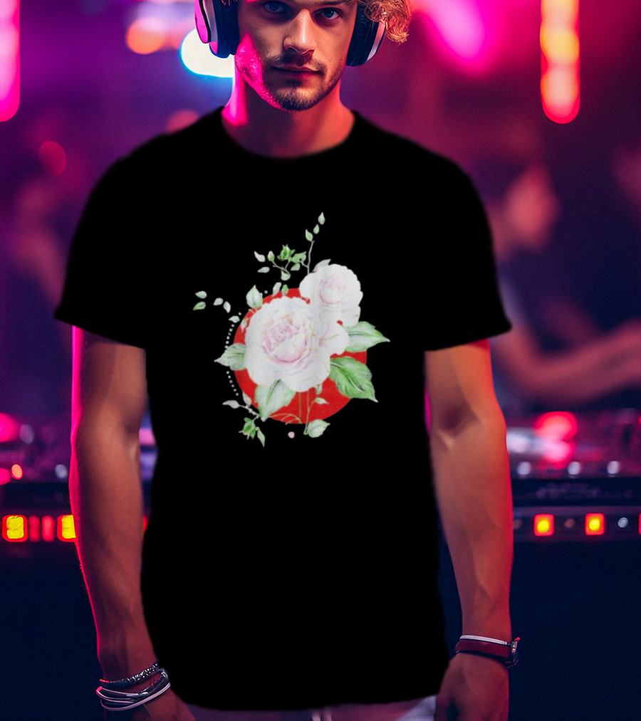 5Yr Kintsugi Rose Floral Design On Red Circle Background T-Shirt