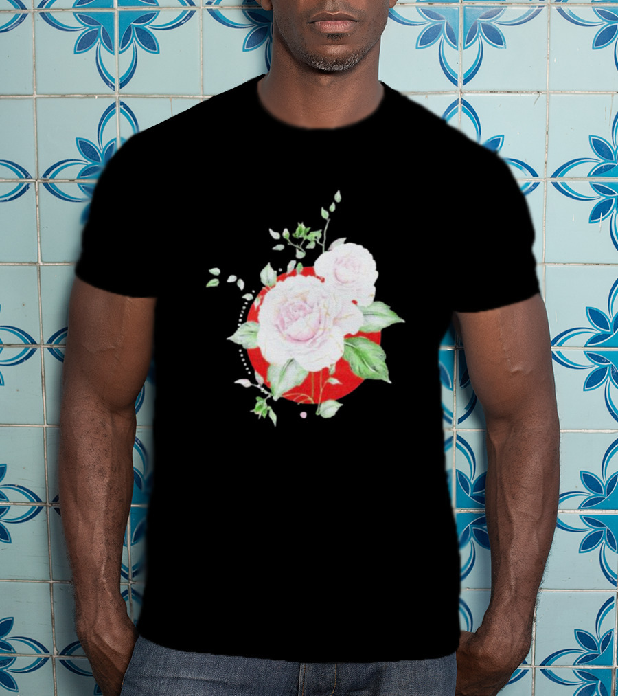5Yr Kintsugi Rose Floral Design On Red Circle Background T-Shirt