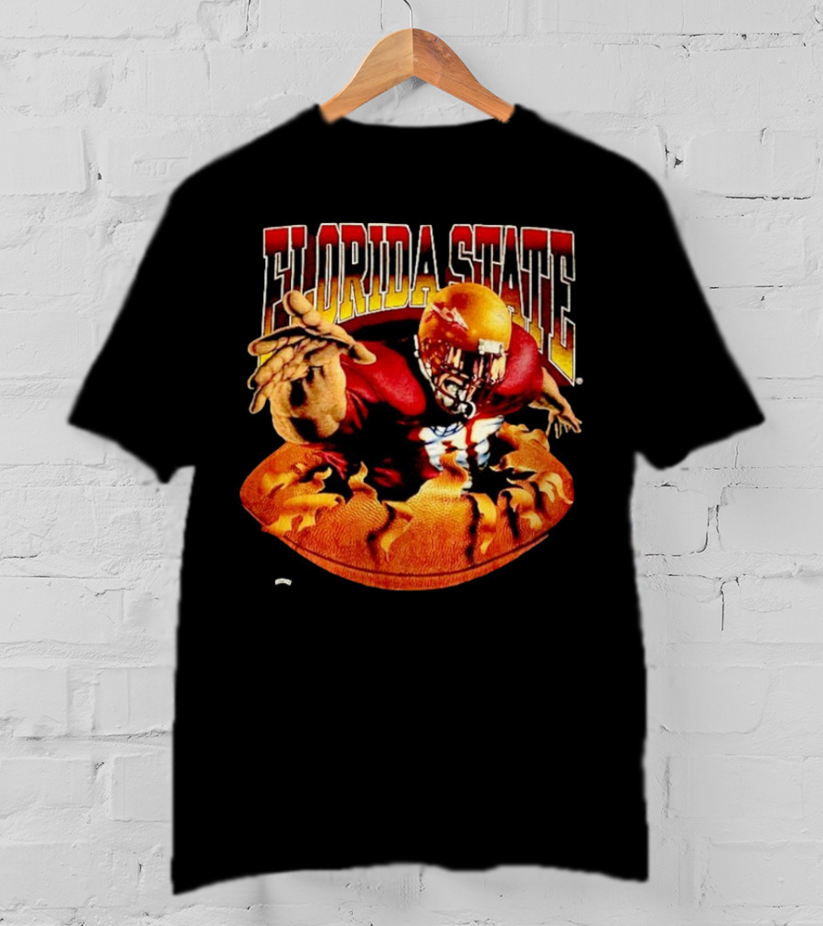 Florida State Seminoles FSU Football Player Emerging From Flames Two Sided Nutmeg T-Shirt
