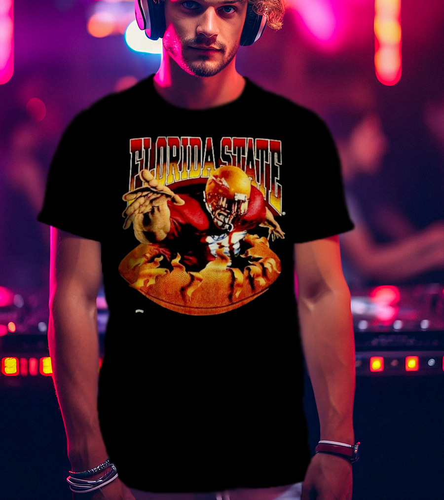 Florida State Seminoles FSU Football Player Emerging From Flames Two Sided Nutmeg T-Shirt