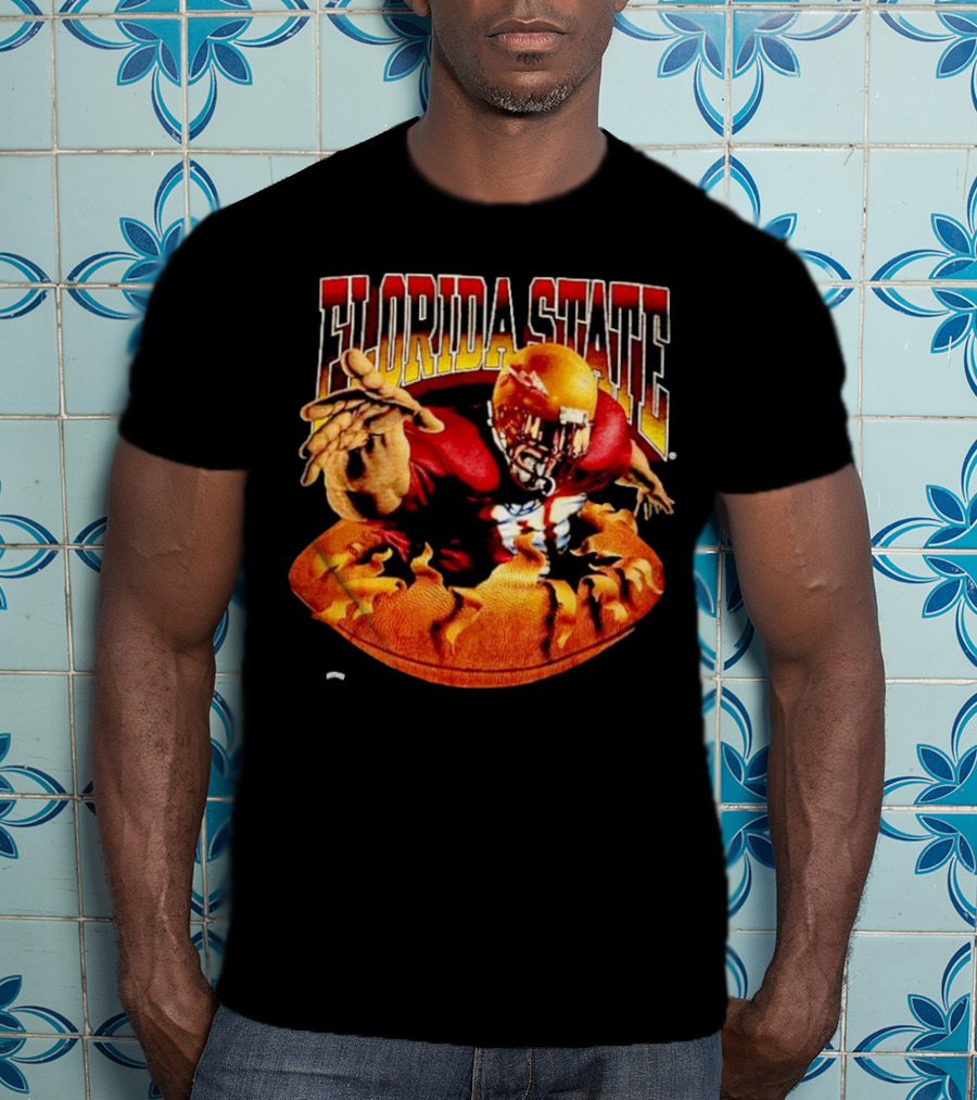 Florida State Seminoles FSU Football Player Emerging From Flames Two Sided Nutmeg T-Shirt