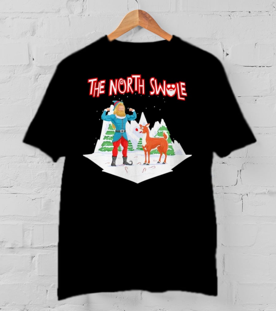 Papa Swolio Elf With Reindeer In The North Swole Winter Scene T-Shirt